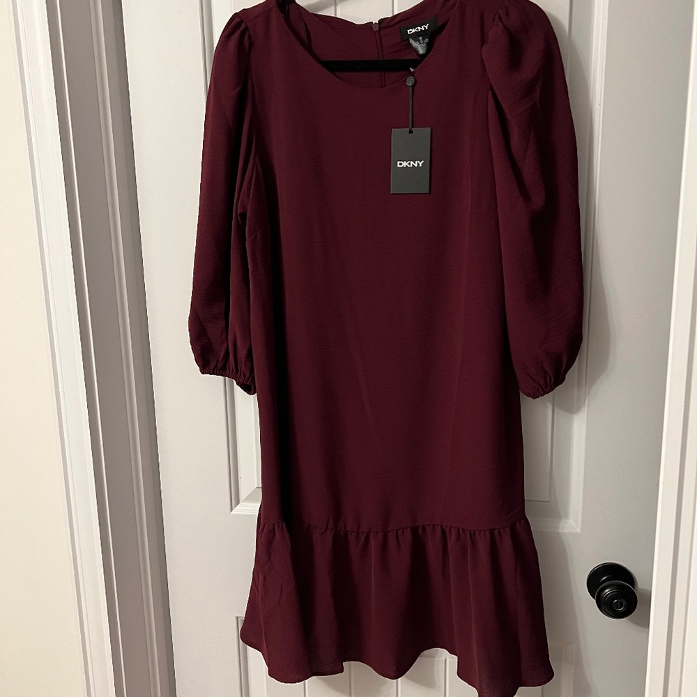 DKNY Burgundy Puff-Sleeve Ruffle Hem Dress